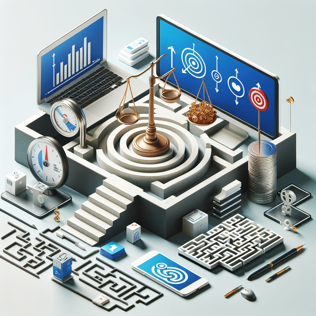 Grafisk illustration af en labyrint med vægt, computere og måleinstrumenter, der symboliserer digital markedsføring og strategi.