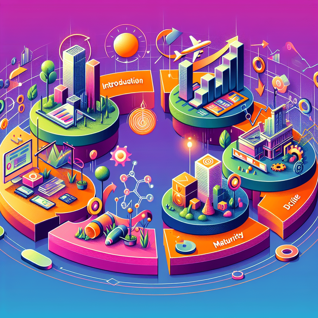 Hvad er product life cycle (PLC) – en guide Illustration af en farverig cyklus med faser som introduktion, modning og differentiering, der viser forskellige grafiske elementer og bygninger.