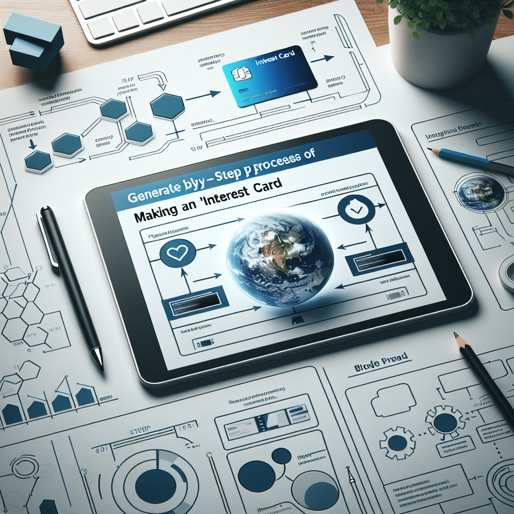 Hvordan laver man interessentkort – trin-for-trin guide Tablet med grafik, der viser en proces for at lave et 'Interest Card' med et globusdesign i midten.