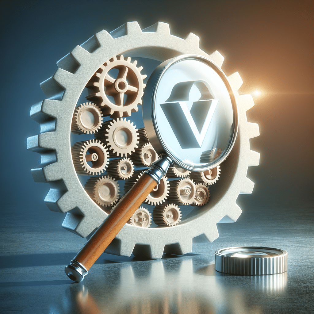 Et gear med en forstørrelsesglas, der viser et logo, symboliserer værdi kæde analyse og procesoptimering.