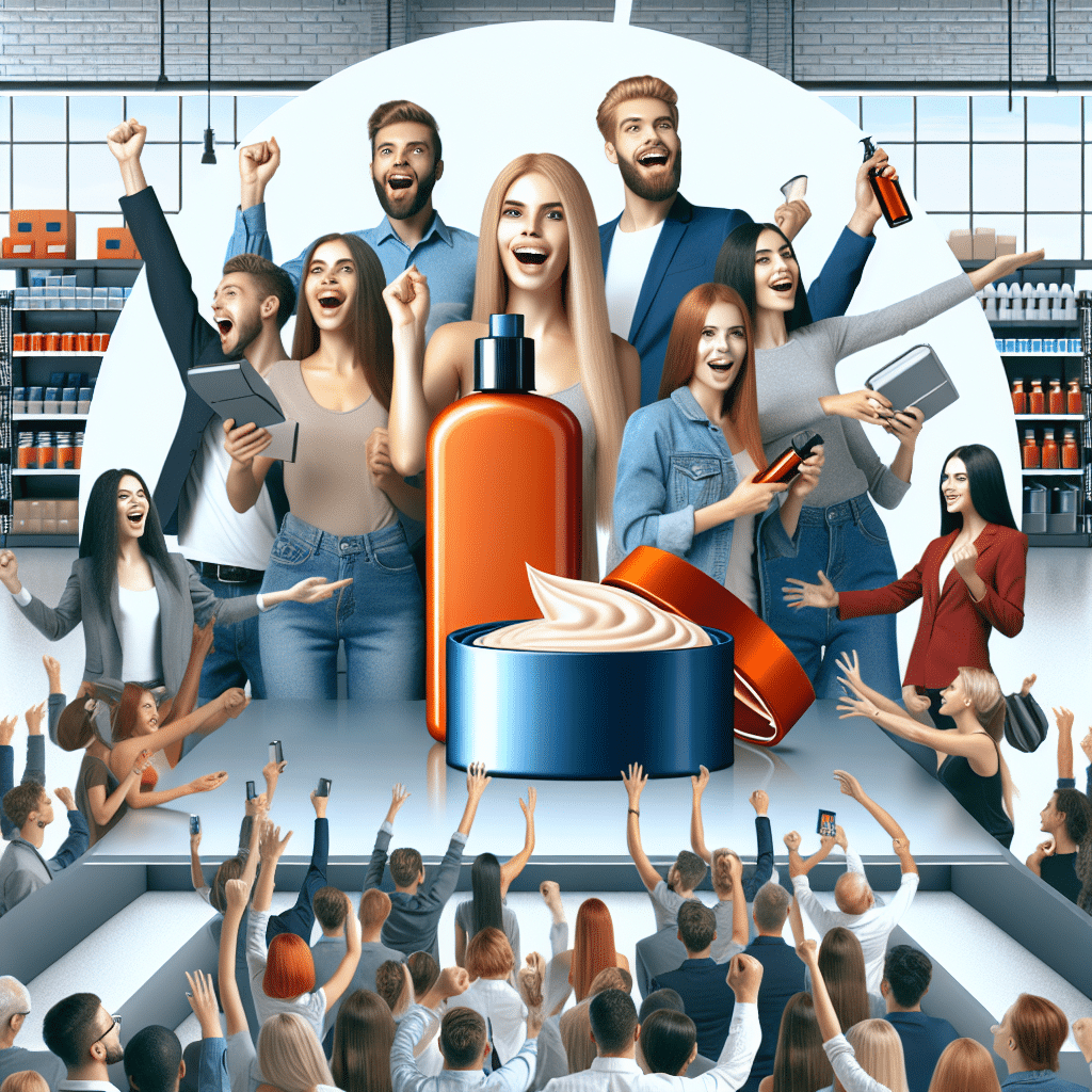 Gruppe af mennesker, der jubler og holder skønhedsprodukter, herunder en stor flaske og en krukke med creme.