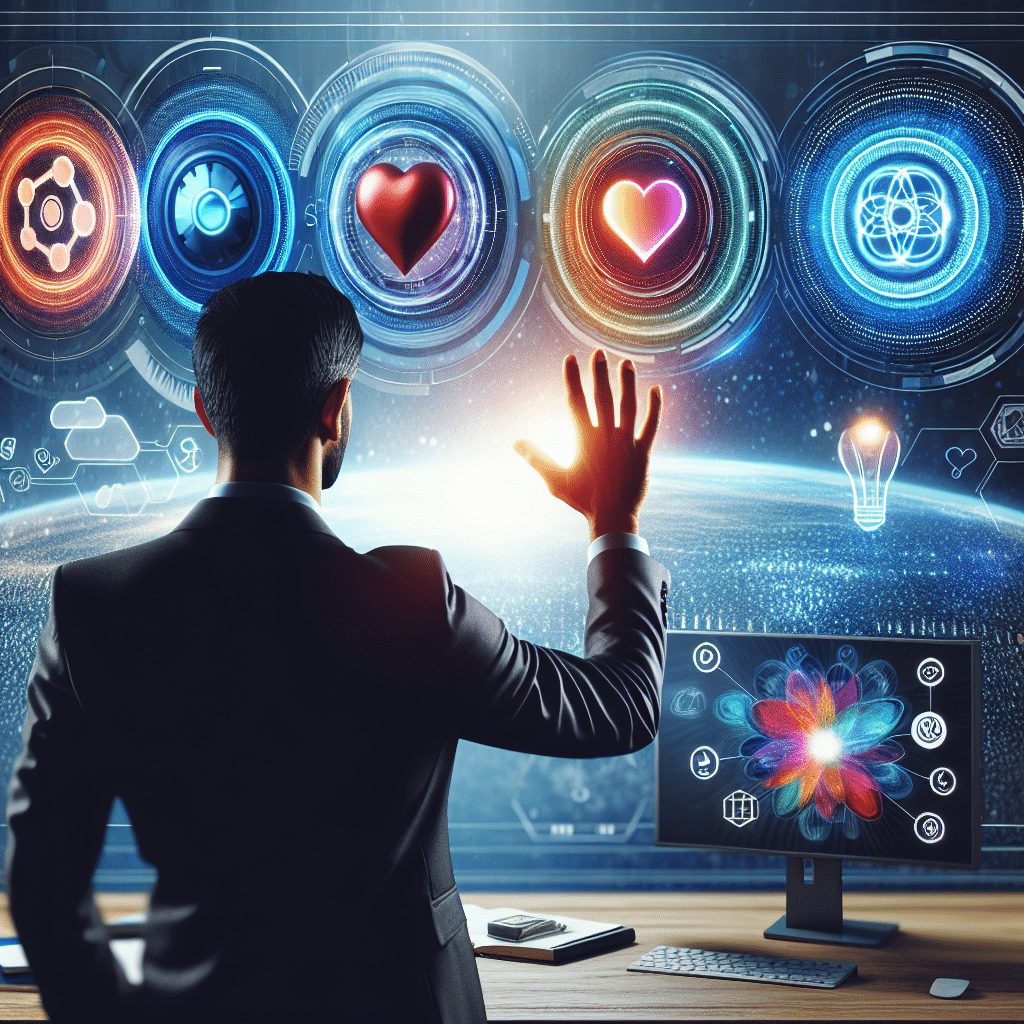 Mand i jakkesæt interagerer med holografiske ikoner, der repræsenterer teknologi og innovation, foran en computer.