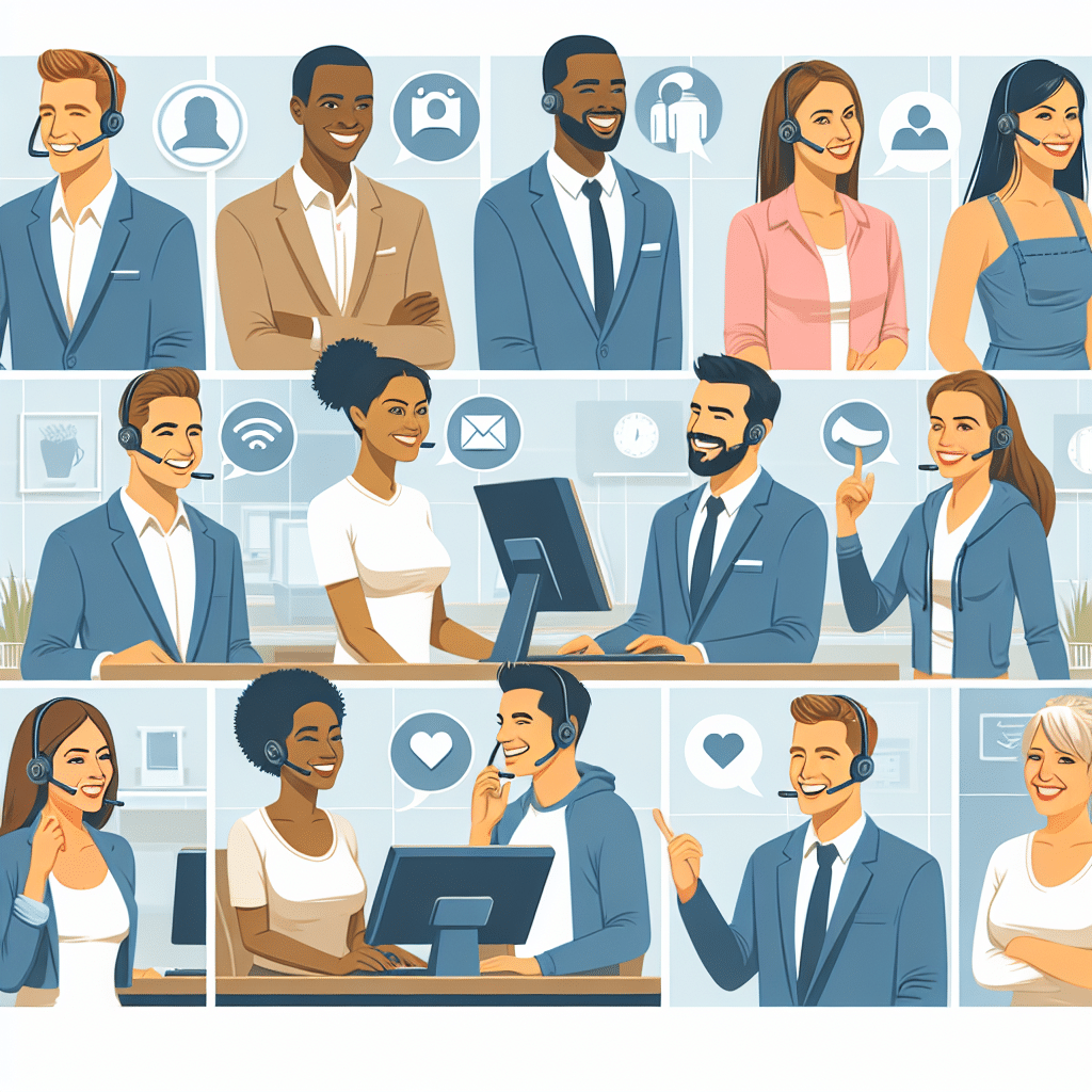Illustration af forskellige personer, der arbejder med kundeservice og kommunikation, iført hovedtelefoner og smilende ansigtstræk.