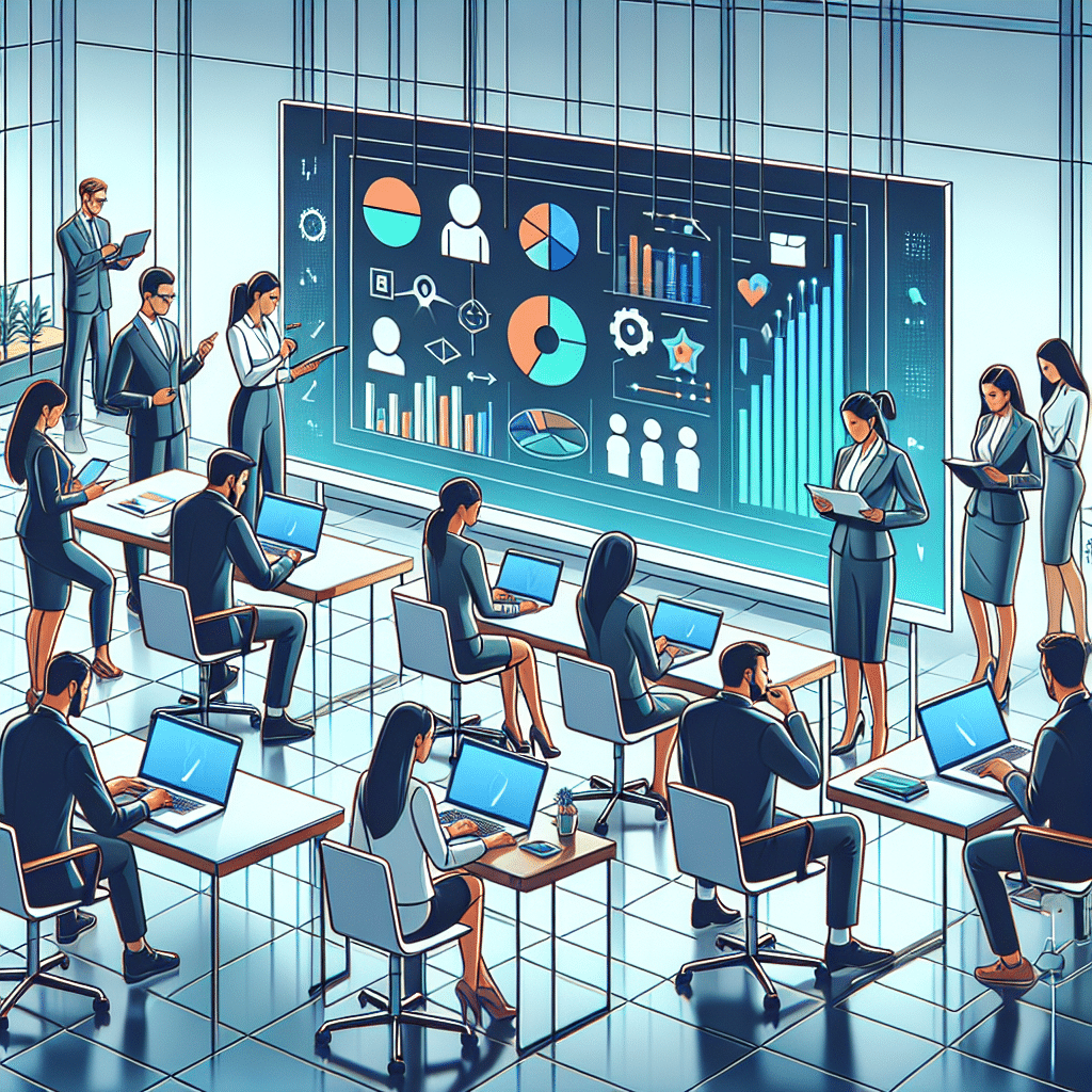 Gruppe af professionelle, der præsenterer data og grafer på en stor skærm under et møde i et moderne kontormiljø.