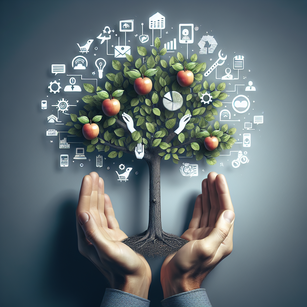 Hvad er bæredygtig marketing – en simpel guide Illustration af et træ med æbler og ikoner for teknologi og bæredygtighed, der symboliserer vækst og innovation.
