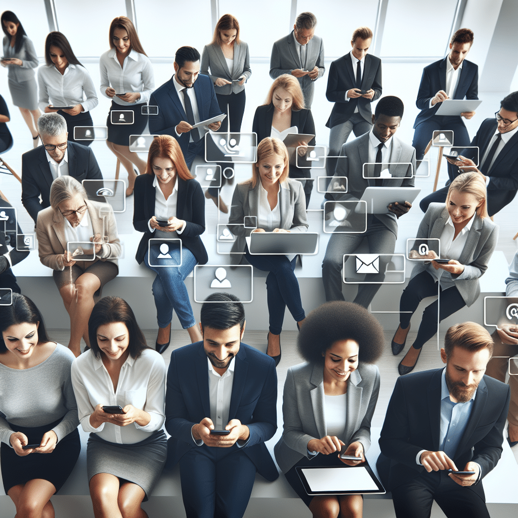 Hvad er customer experience – alt du skal vide Gruppe af professionelle personer, der bruger smartphones og laptops, med digitale ikoner omkring dem, der repræsenterer kommunikation og teknologi.