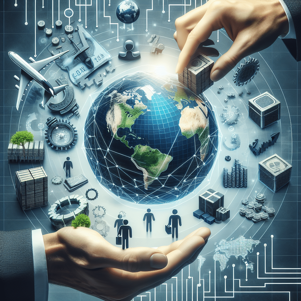 Hvad er distributionsstrategi – guide til begrebet Hænder der holder en globe med symboler for handel, teknologi og transport, der repræsenterer global distributionsstrategi.