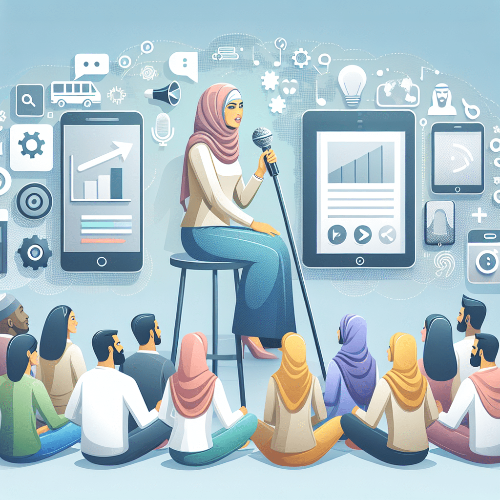 Hvad er influencer kommunikation? – kort forklaret En person iført hijab sidder på en skammel og taler med en mikrofon foran et publikum, omgivet af digitale ikoner.