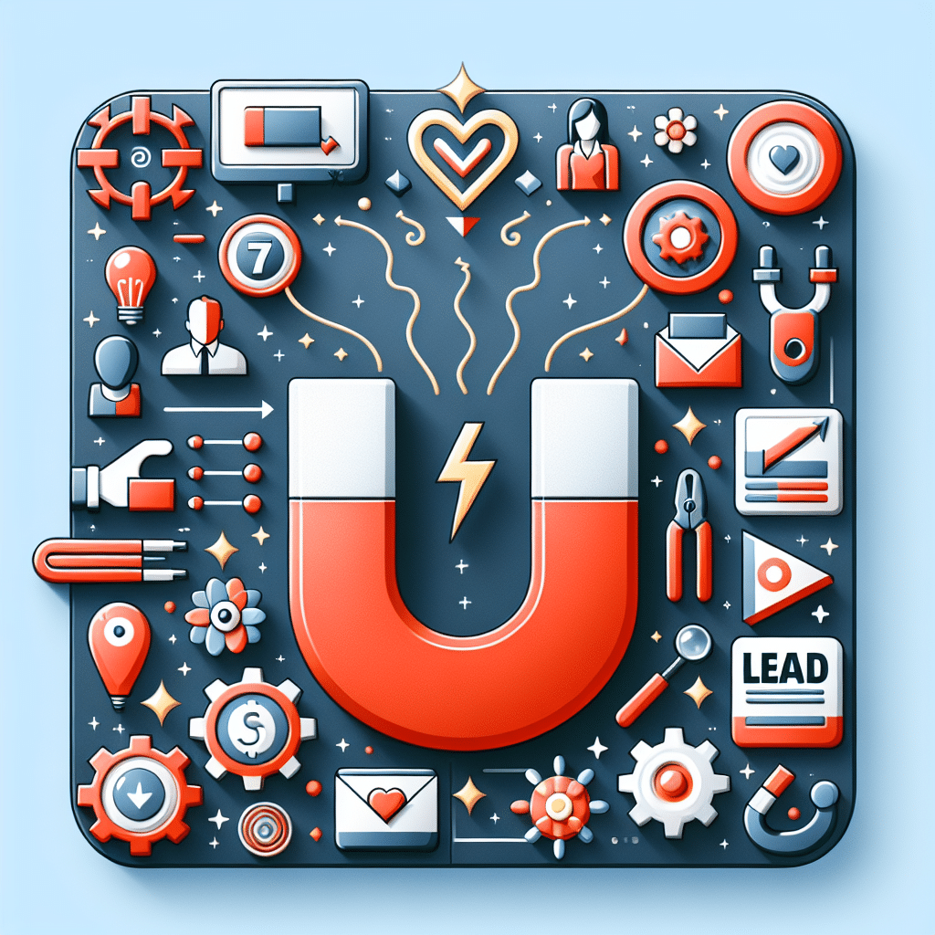 Grafisk illustration af en magnet omgivet af forskellige symboler relateret til leadgenerering og marketingstrategier.