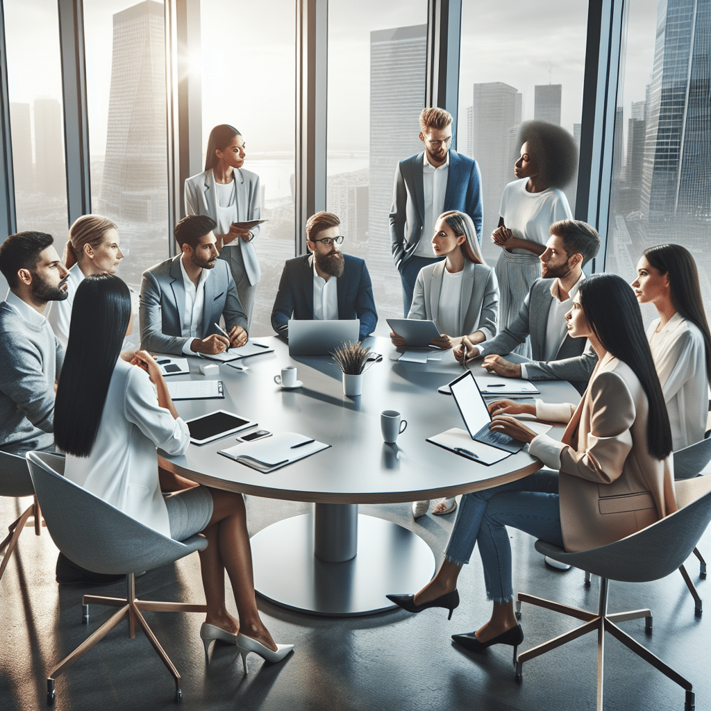 Gruppe af professionelle personer i et møde omkring et rundt bord med laptops og dokumenter i et moderne kontormiljø.