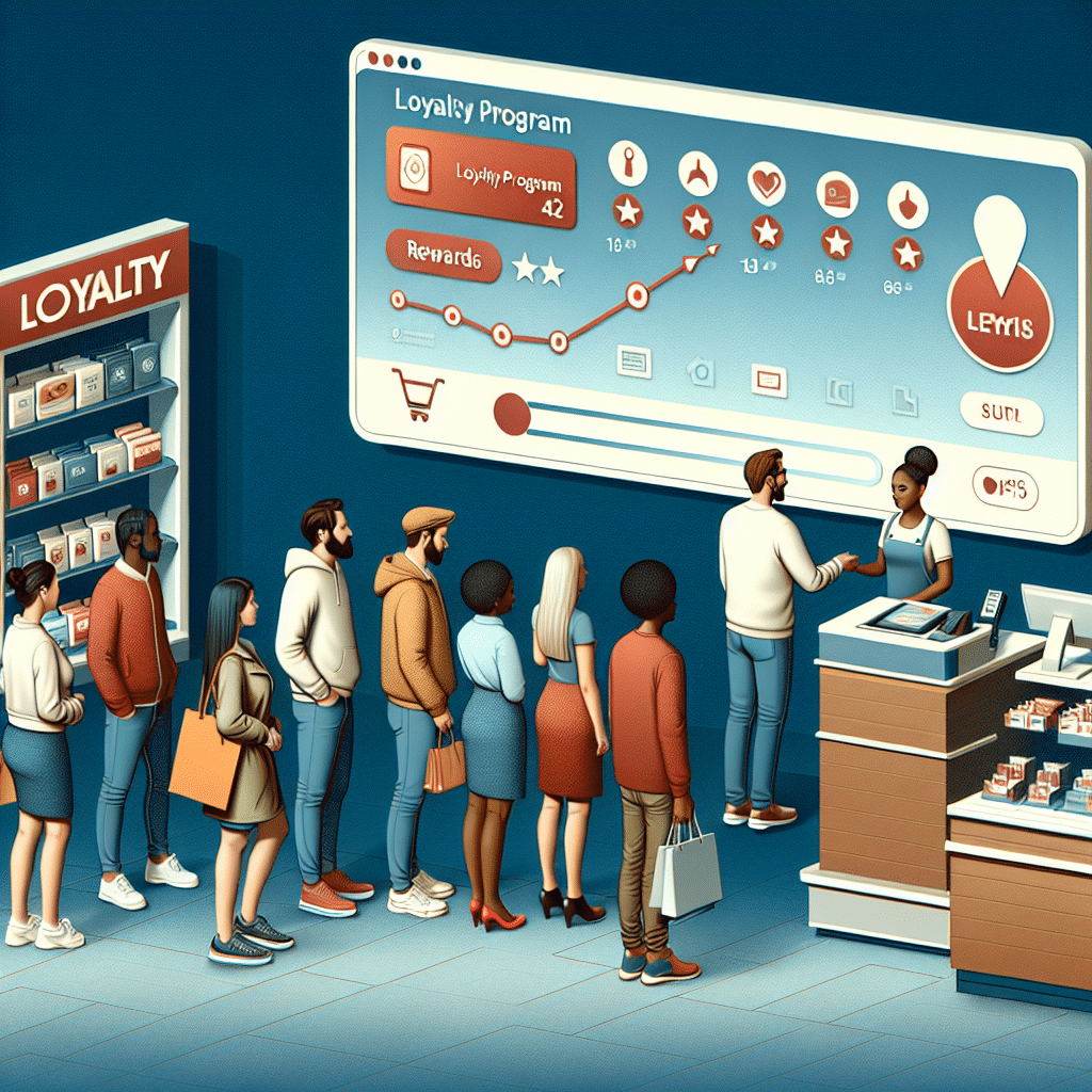 Illustration af et loyalitetsprogram med kunder, der venter i kø ved en kasse, mens en medarbejder interagerer med en kunde.