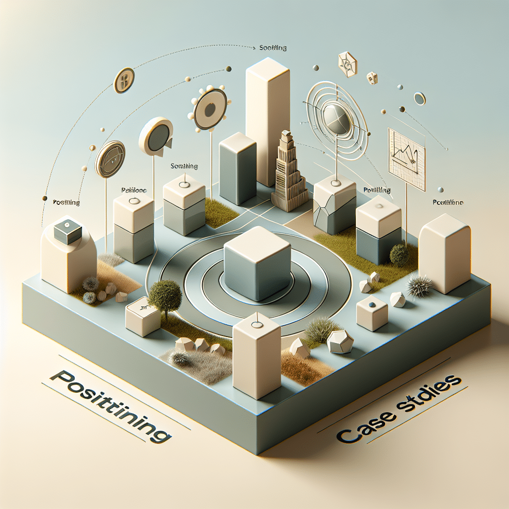 Illustration af et konceptuelt design, der viser forskellige elementer relateret til positionering og casestudier i en geometrisk opstilling.