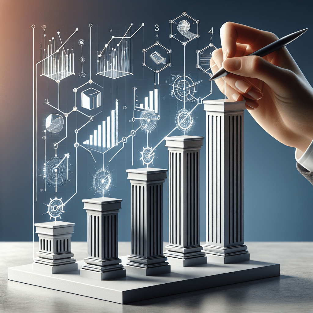 Hånd som tegner digitale diagrammer og opstillede søjler i blå nuancer, der illustrerer vækst og analyse. Content-pillar-relevant visuals der viser strukturering og dataindsigt.