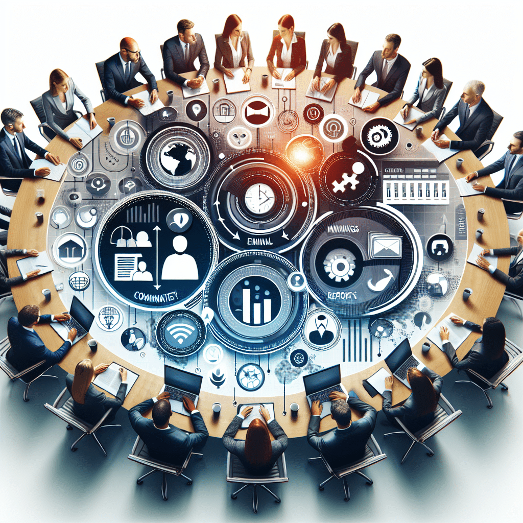 Hvad er intern kommunikation strategi – guide og eksempler Grafisk illustration af en gruppe mennesker ved et mødebord med ikoner relateret til kommunikation og strategi.