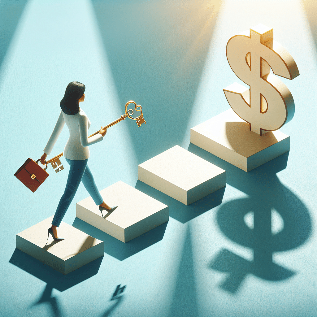 En forretningskvinde i hvid blazer g&aring;r op ad en r&aelig;kke hvide trappetrin mod et stort gyldent dollartegn, mens hun b&aelig;rer en l&aelig;derkuffert og holder en n&oslash;gle i h&aring;nden