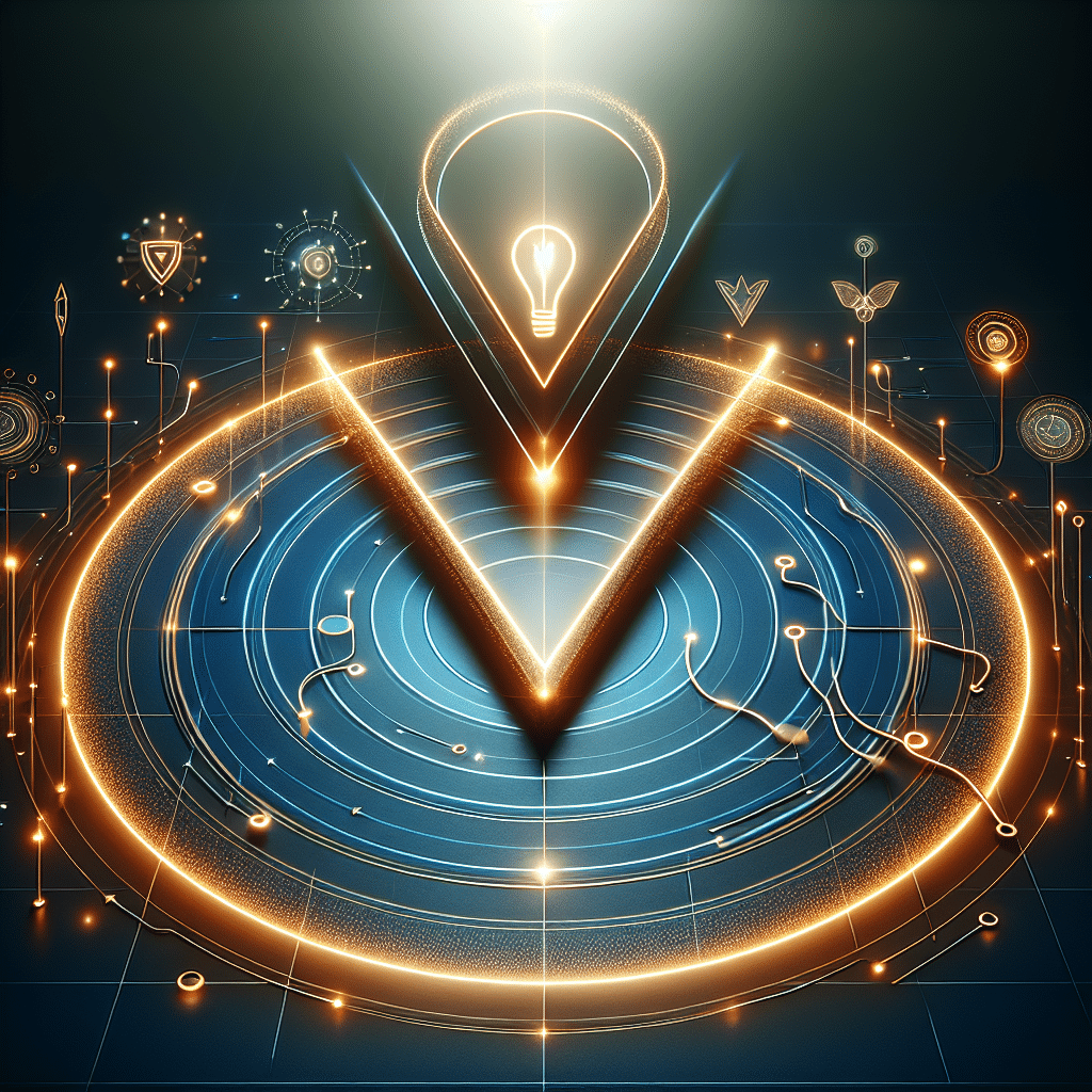 Futuristisk neonbelyst V-formet mønster med lysende cirkler og en midterlysende pære, en abstrakt illustration til markedsføringsteori og juridisk anvendelse.