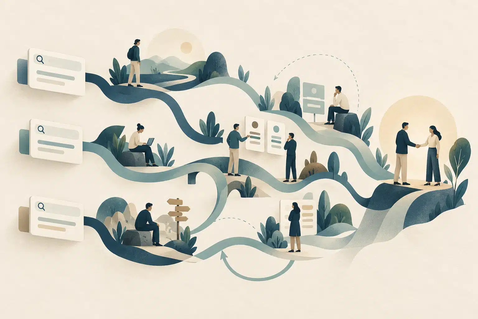 Fra søgehensigt til kunde: Byg din SEO-strategi omkring købsbeslutningen Illustration af forskellige søgeveje fra spørgsmål og sammenligning til valg af leverandør.